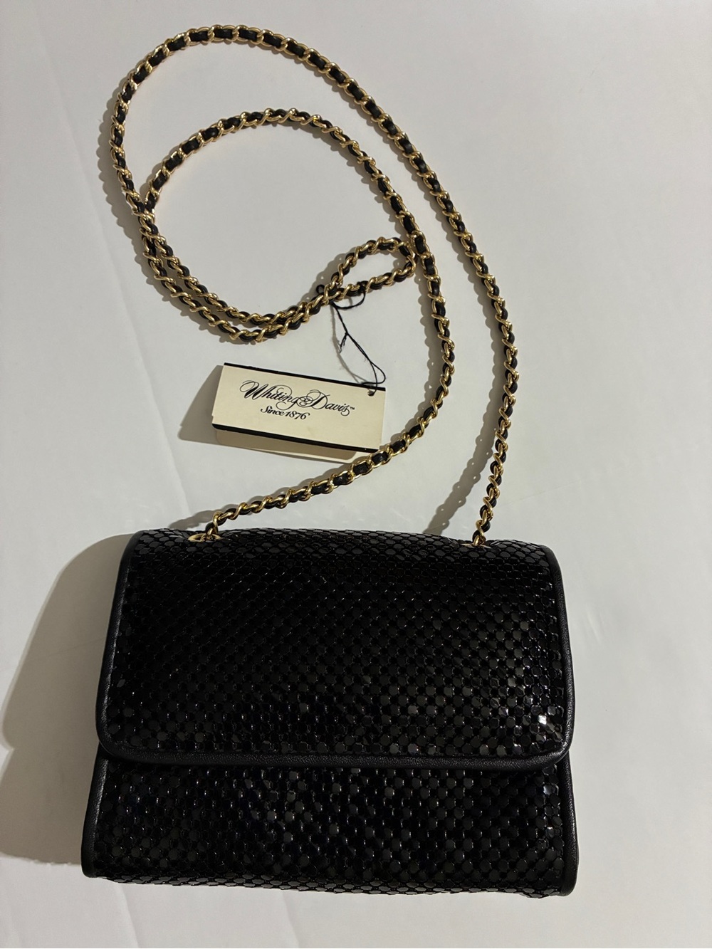 Whiting & Davis NWT Vintage Black Mesh Crossbody with Gold Chain